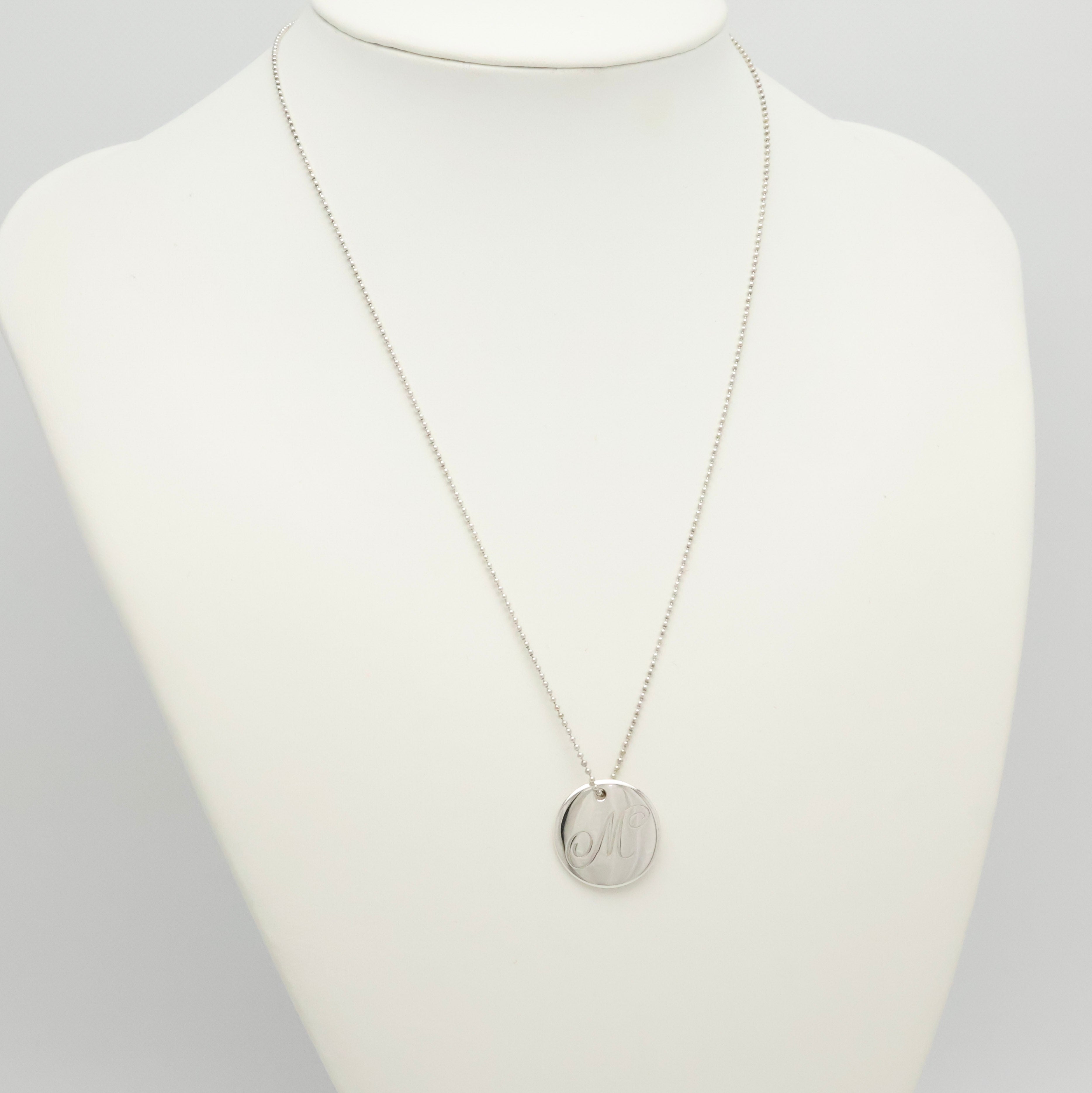  Tiffany & Co. Letter M Notes Initial Disc Necklace Sterling Silver 925