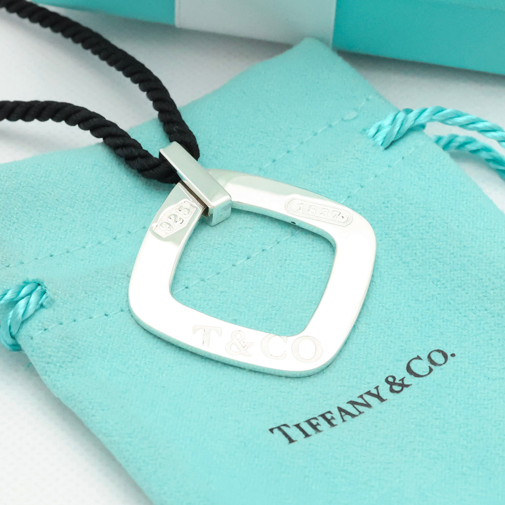 Tiffany & Co. 1837 Square Silk Cord Necklace Pendant Sterling Silver 925