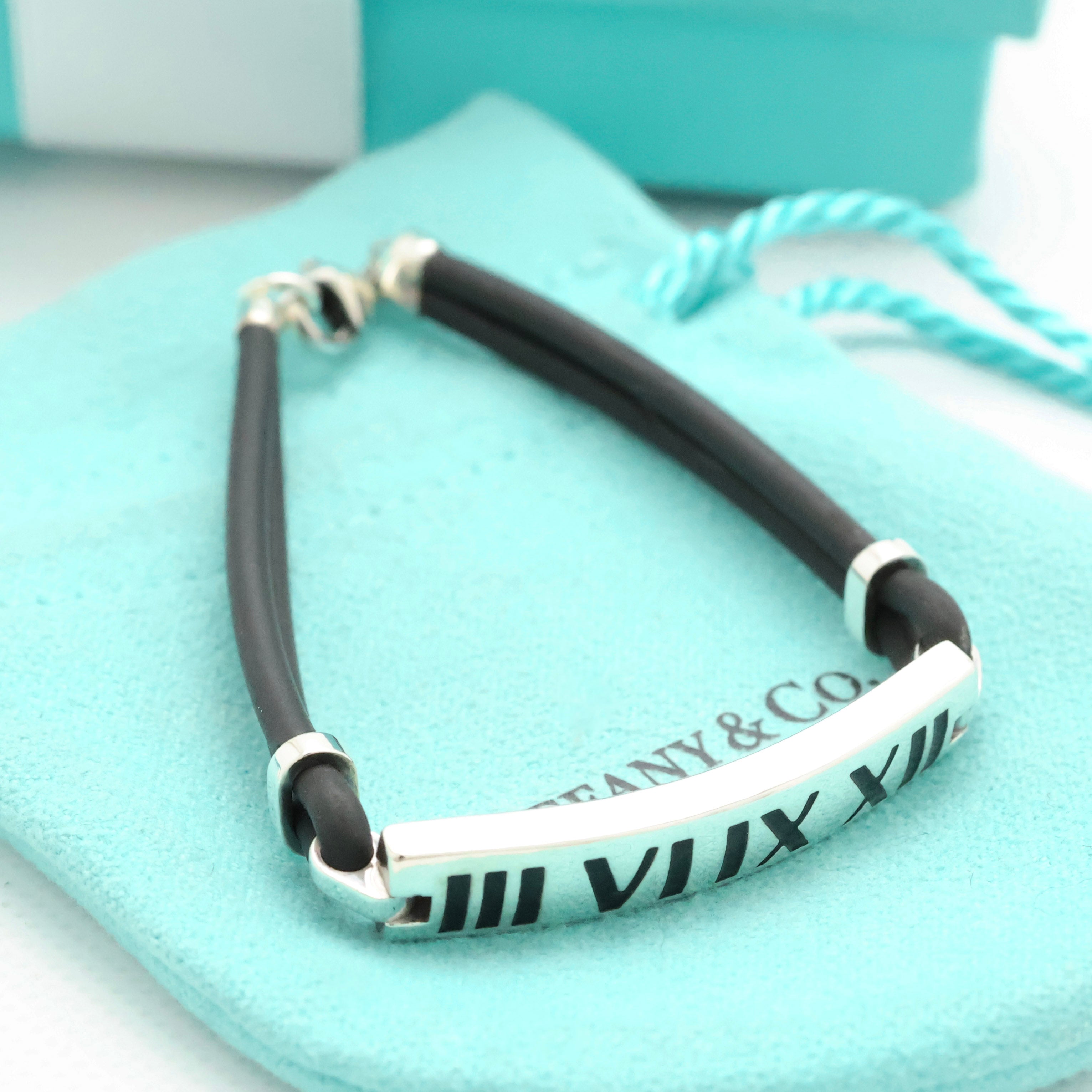 Tiffany & Co. Atlas Bar Rubber Cord Surfer Bracelet Sterling Silver 925