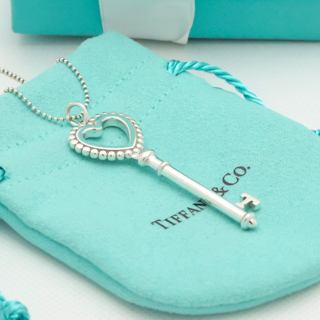  Tiffany & Co. Blue Enamel Beaded Heart Key Necklace Sterling Silver 925　