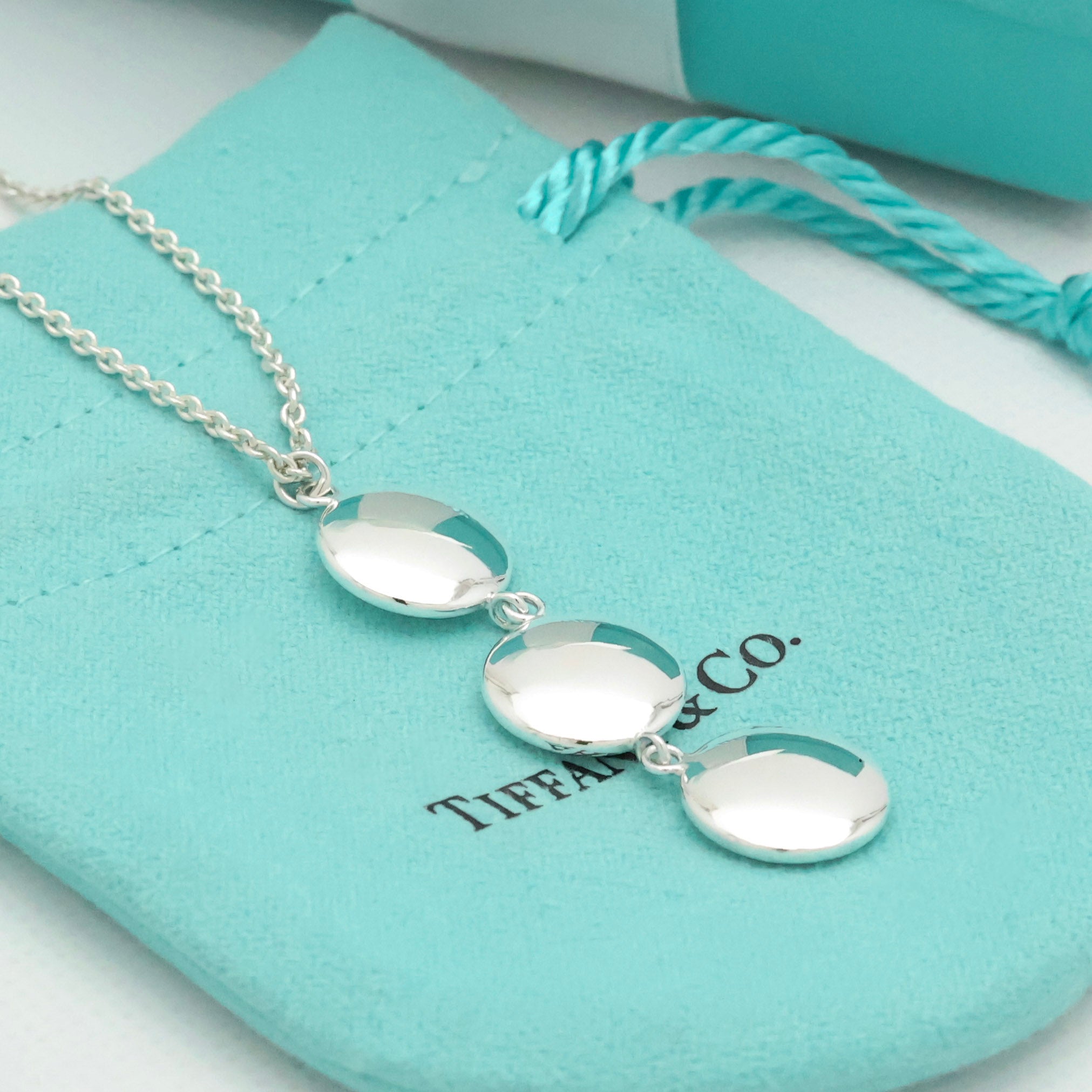 Tiffany & Co. Three Circle Drop Disk Pendant Dangle Necklace Sterling Silver 925