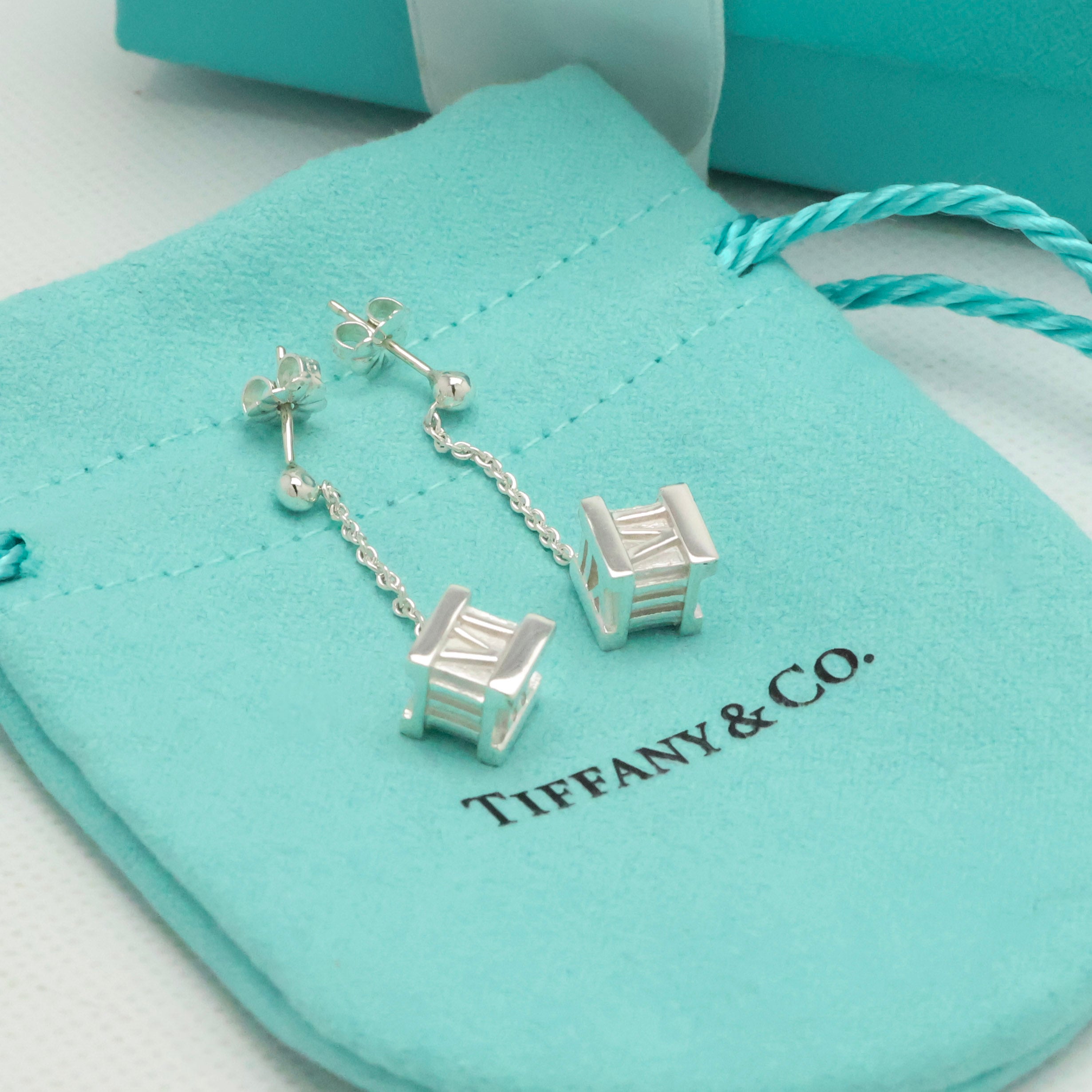 Tiffany & Co. Atlas Cube Drop Dangle Stud Earrings Sterling Silver 925