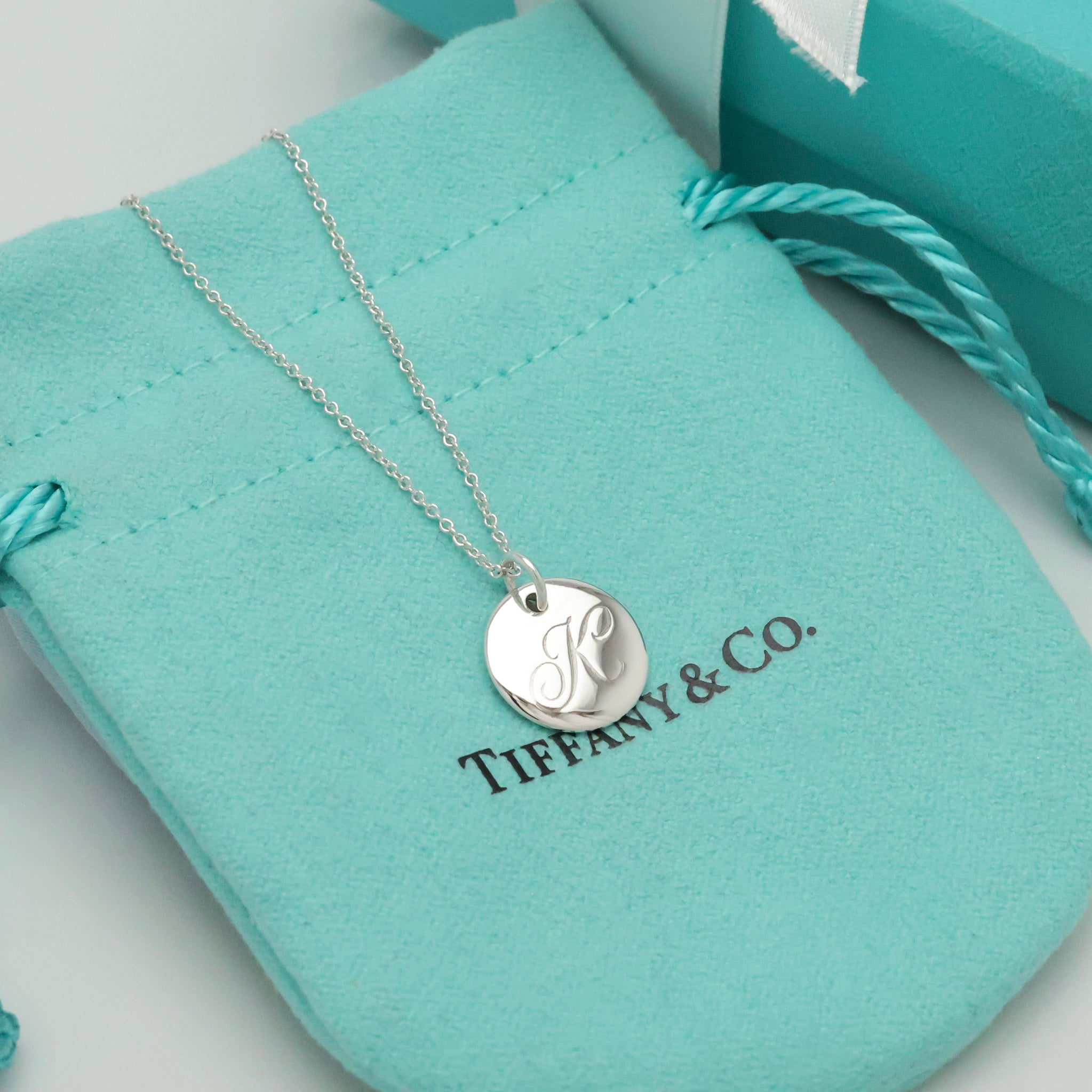  Tiffany & Co. Letter K Notes Initial Disc Necklace Sterling Silver 925