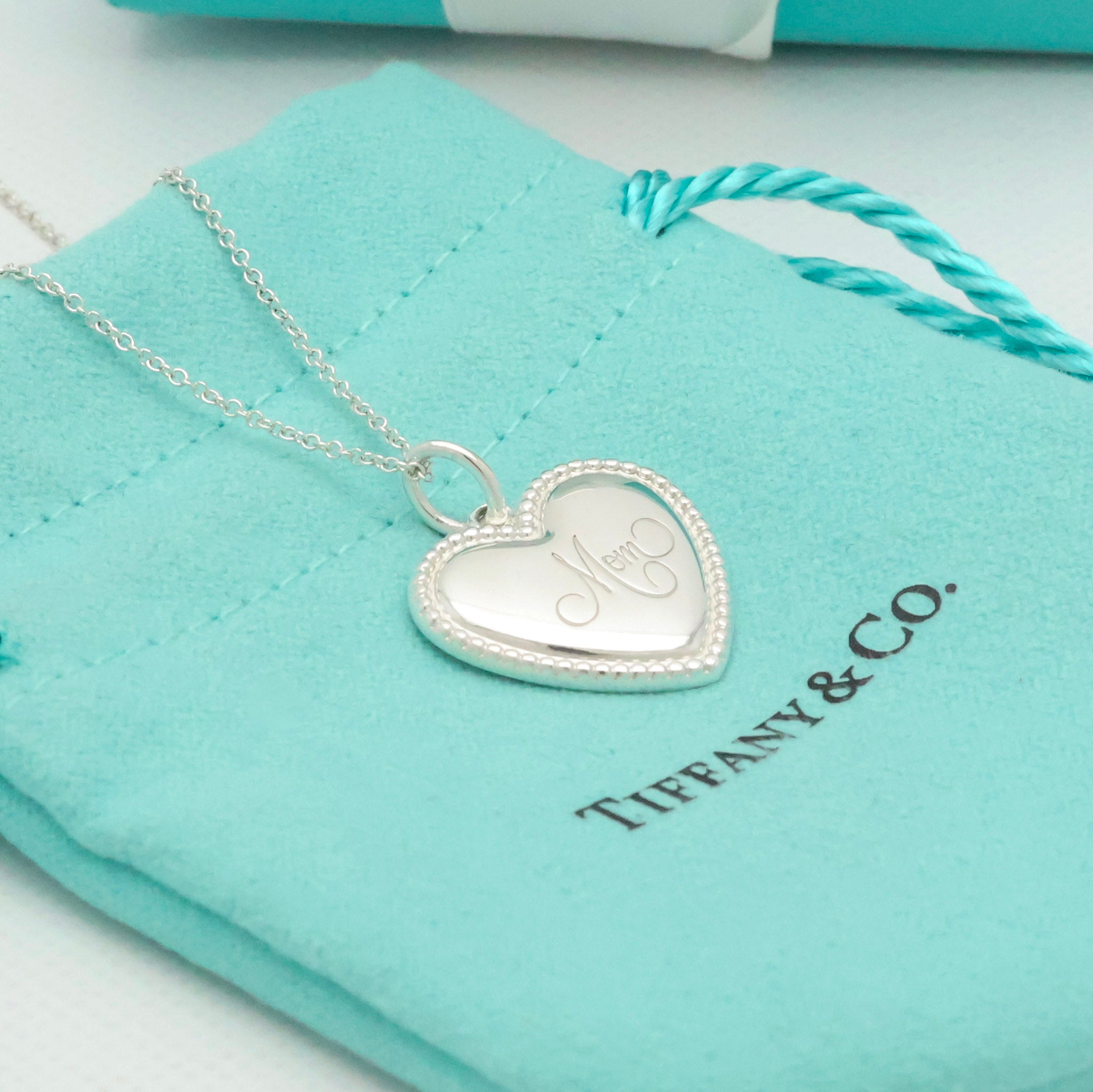  Tiffany & Co. MOM Beaded Edge Heart Necklace Sterling Silver 925