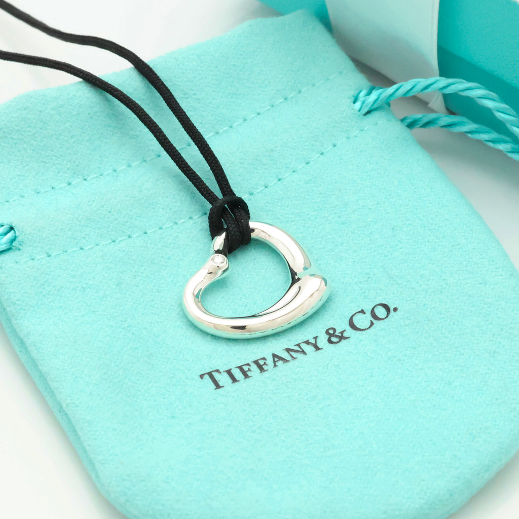  Tiffany & Co. Peretti Open Heart 1P Diamond Silk Cord Necklace Sterling Silver AG925 