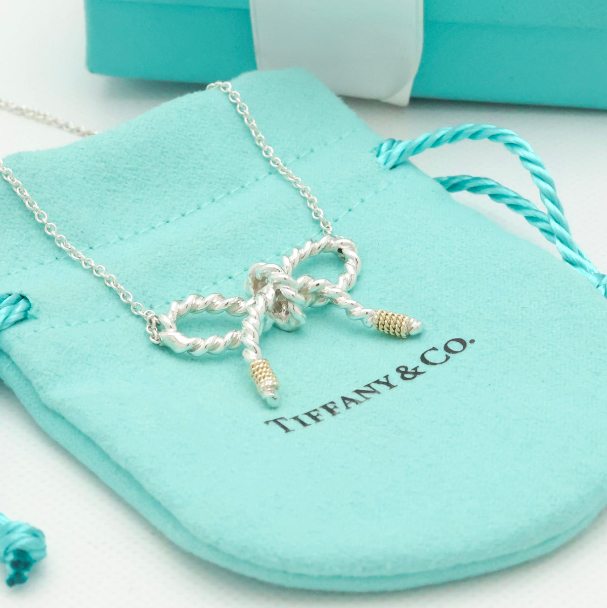 Tiffany & Co. Twist Ribbon Bow Necklace Silver Sterling 925 & 18K Gold 