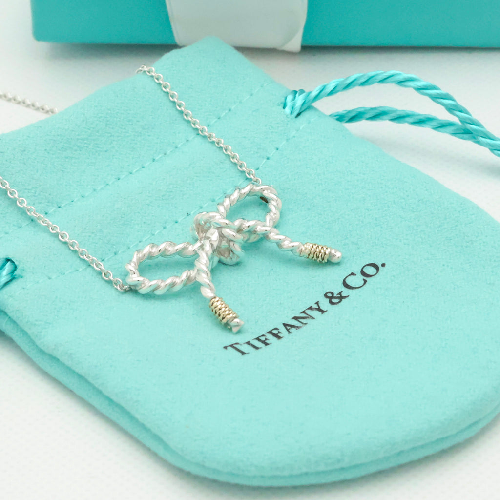 Tiffany & Co. Twist Ribbon Bow Necklace Silver Sterling 925 & 18K Gold 