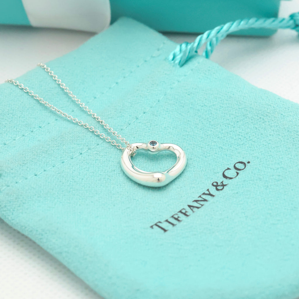 Tiffany & Co. Aquamarine Peretti Open Heart Necklace Sterling Silver 925