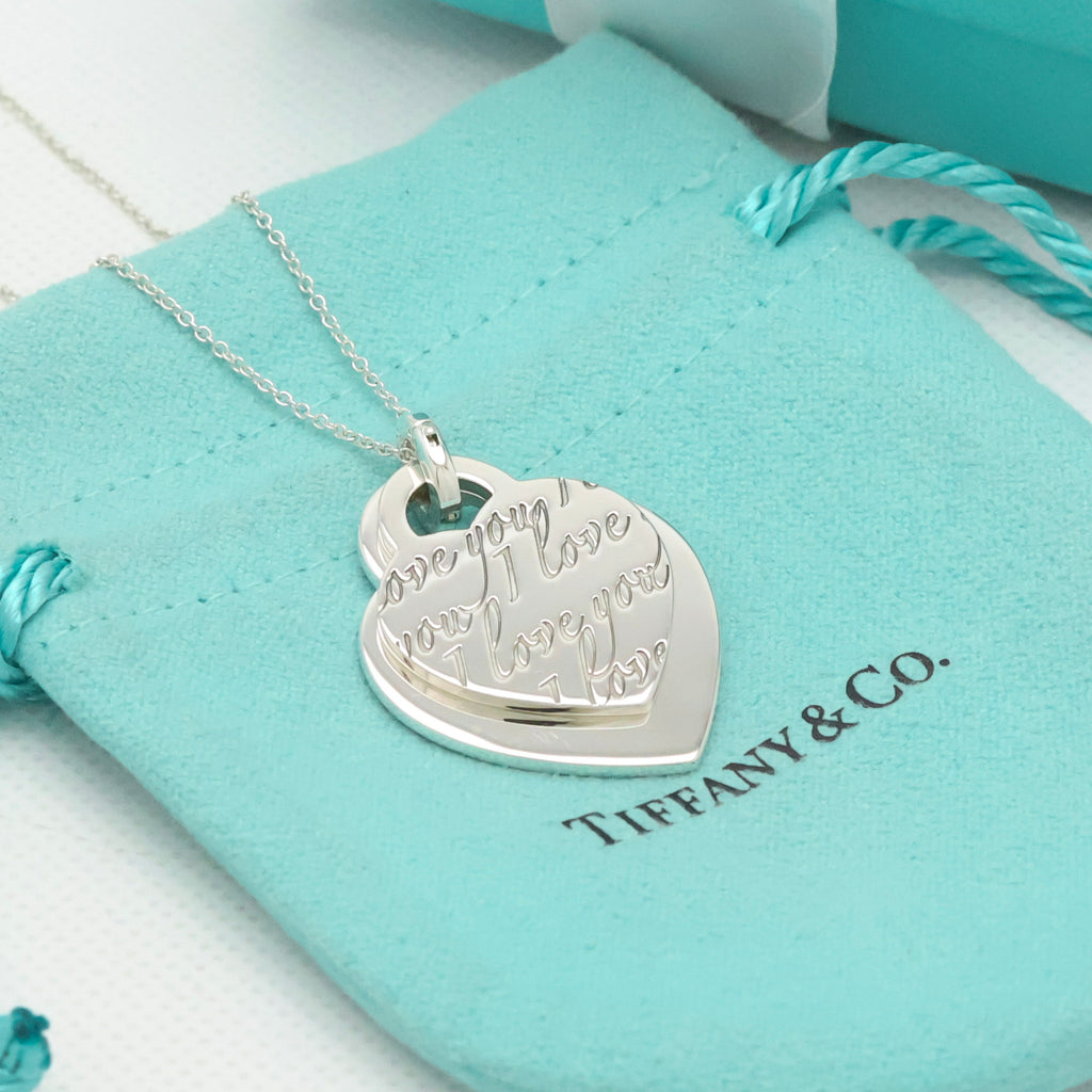 Tiffany & Co. Notes I LOVE YOU Double Heart Tag Necklace Sterling Silver 925