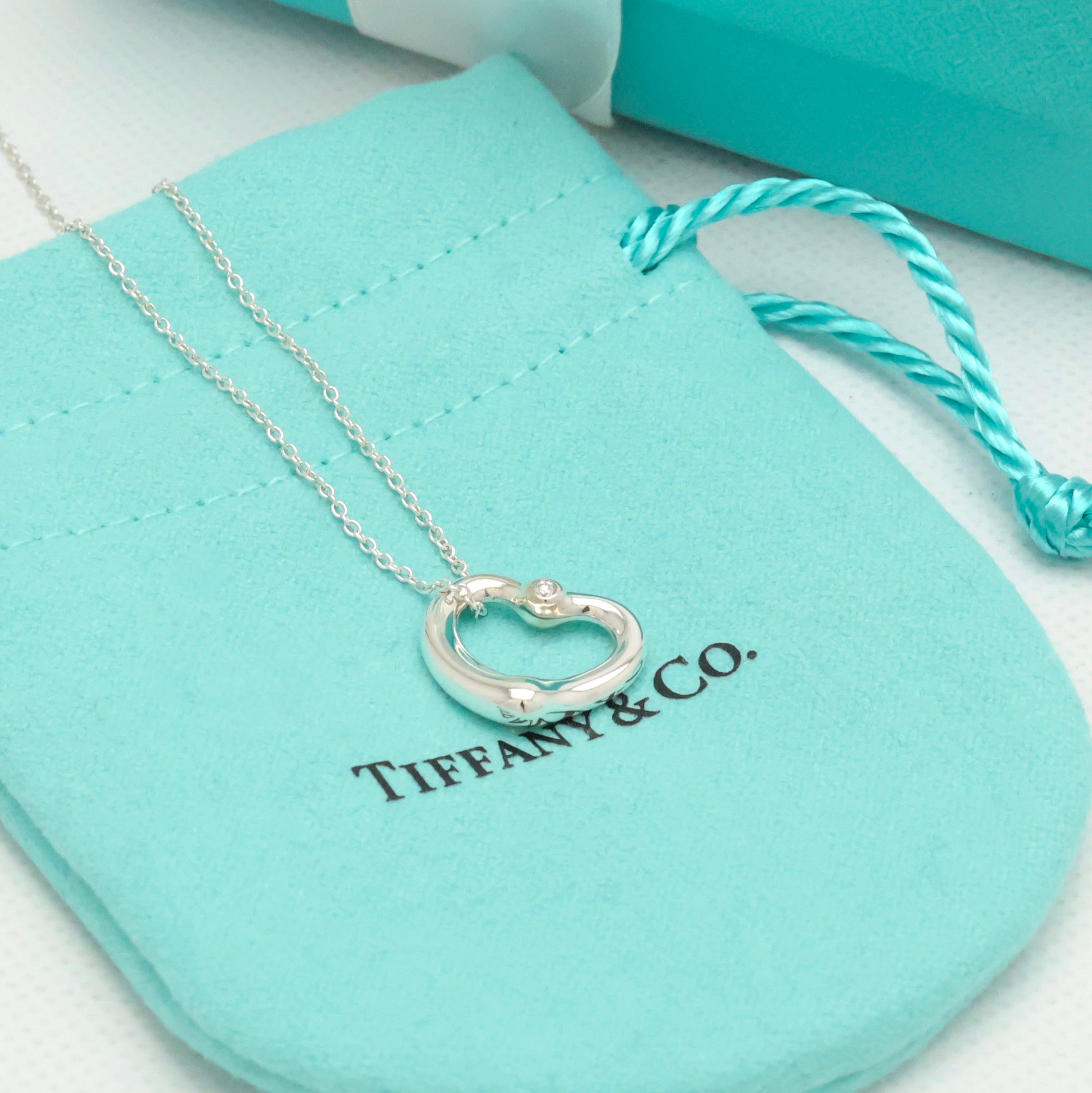Tiffany & Co. 22mm Open Heart 1P Diamond Pendant Necklace Sterling Silver 925