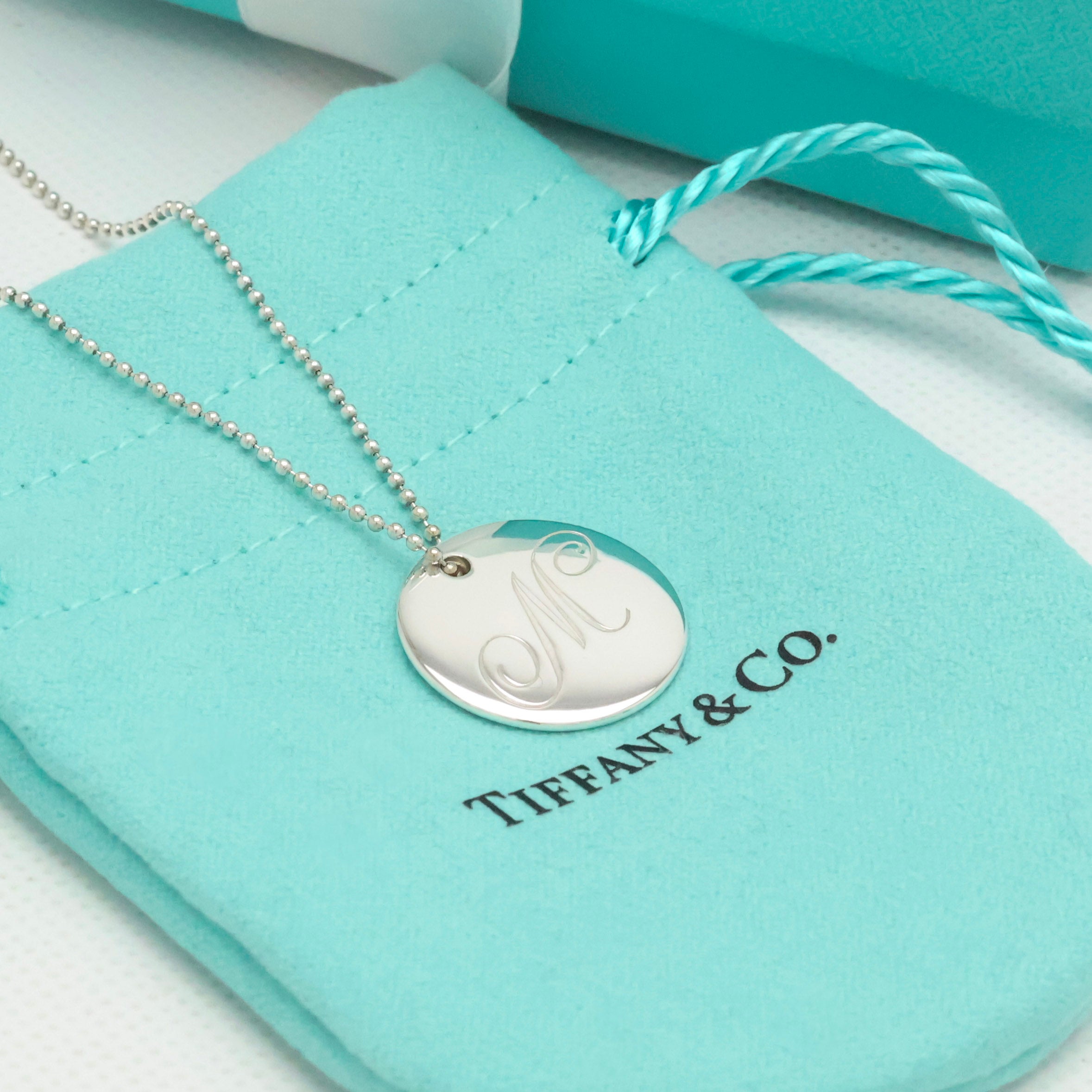  Tiffany & Co. Letter M Notes Initial Disc Necklace Sterling Silver 925