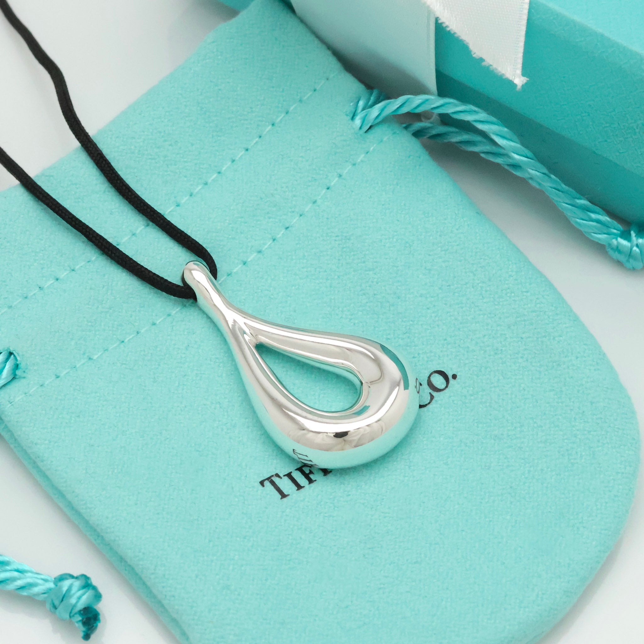 Tiffany & Co. Large Open Teardrop Silk Cord Necklace Sterling Silver 925
