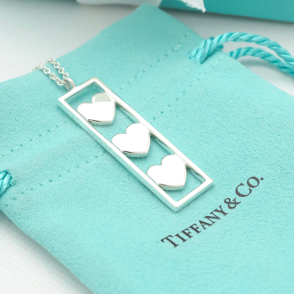Tiffany & Co Triple Heart Plate Pendant Necklace Sterling Silver 925