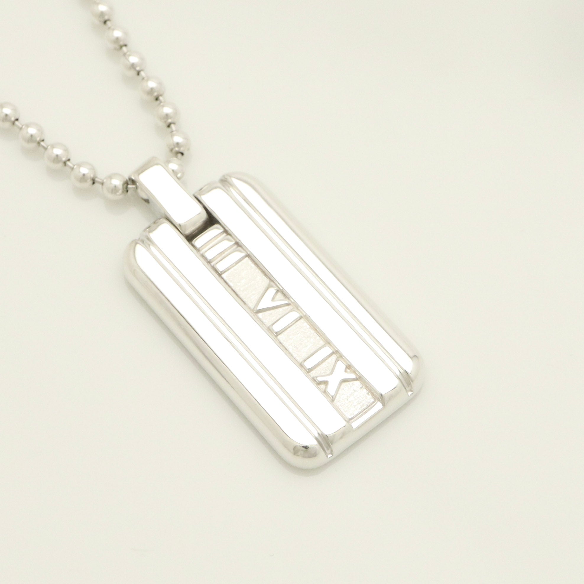 Tiffany & Co. Atlas Dog Tag Plate Ball Chain Necklace Sterling Silver 925