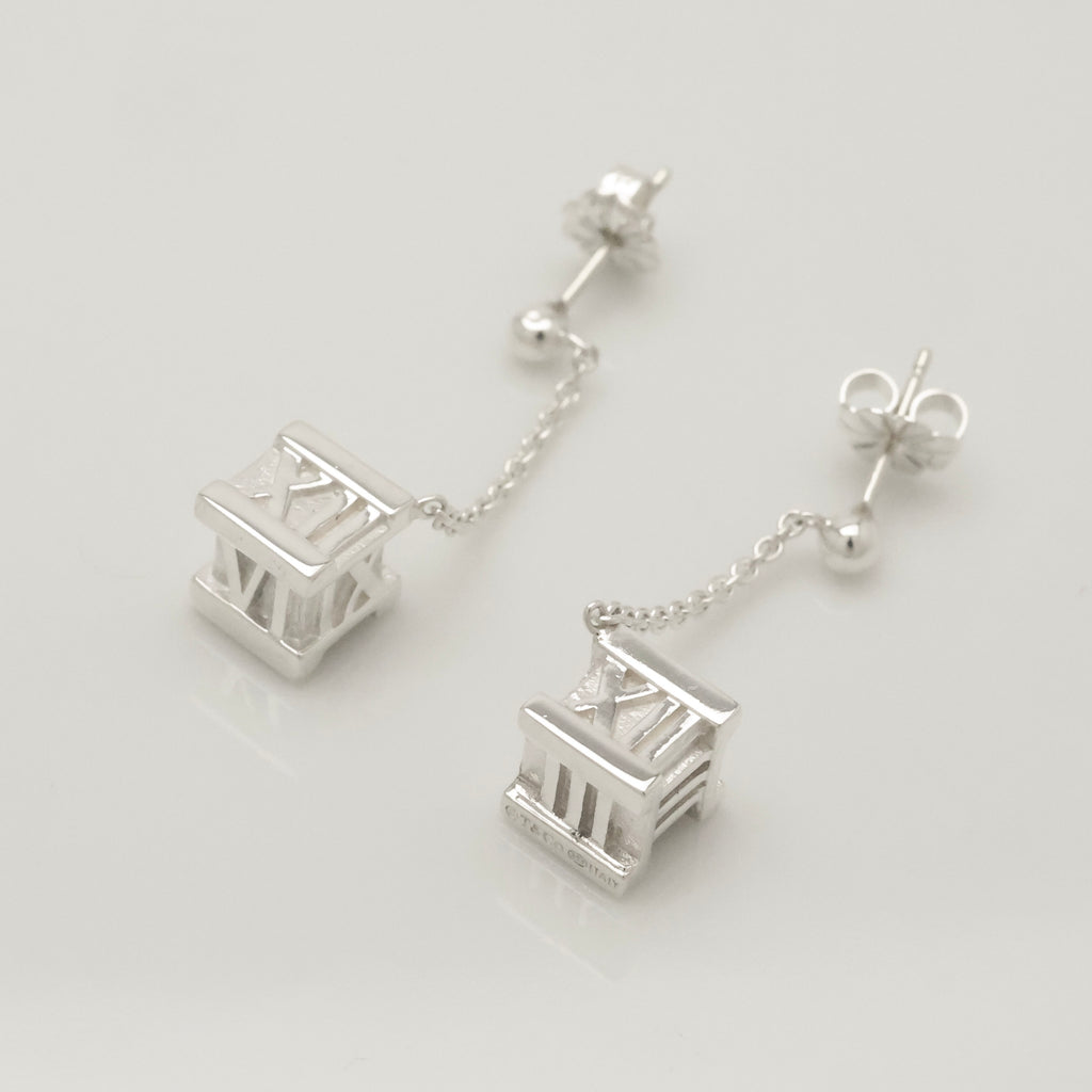 Tiffany & Co. Atlas Cube Drop Dangle Stud Earrings Sterling Silver 925