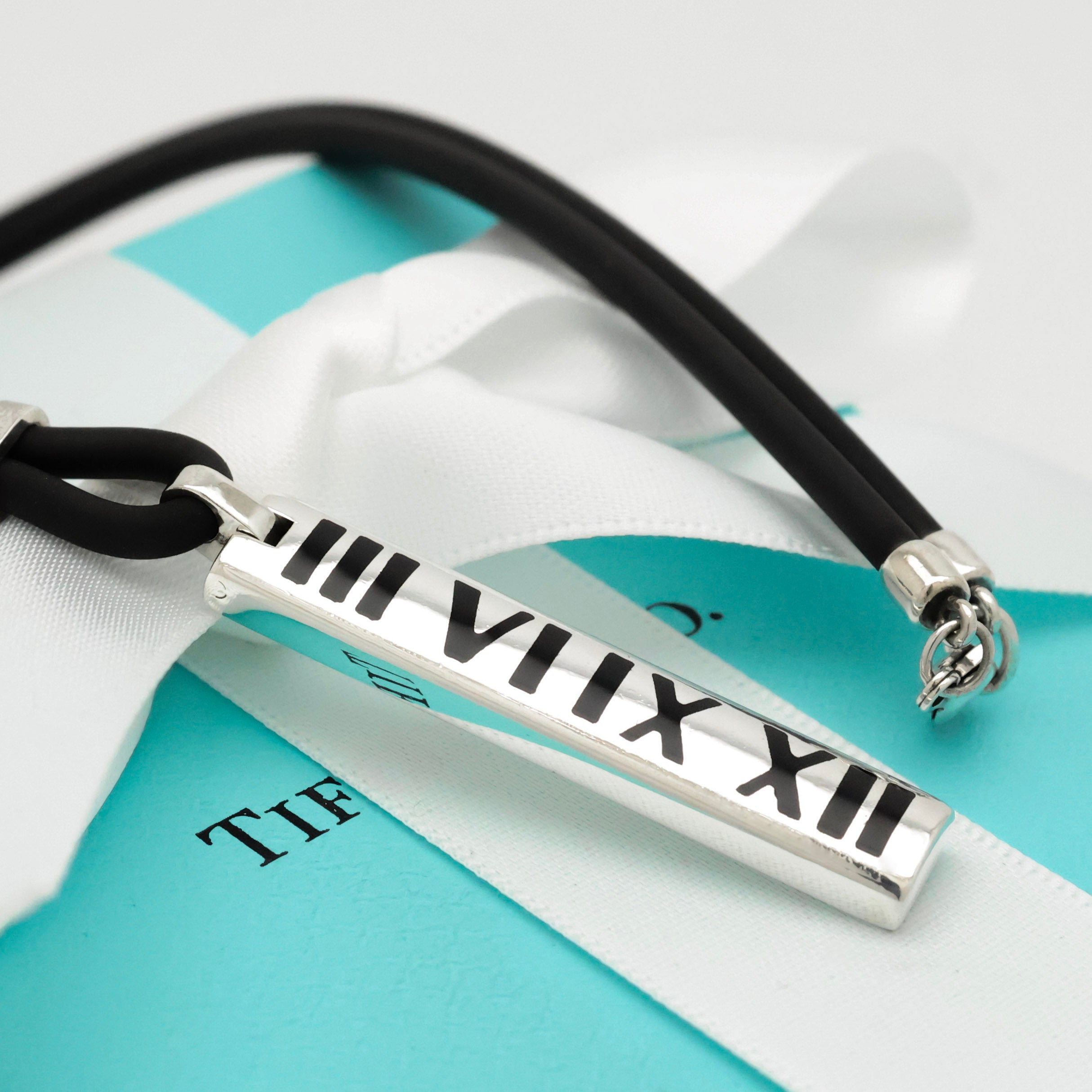 Tiffany & Co. Atlas Bar Rubber Cord Surfer Necklace Sterling Silver 925