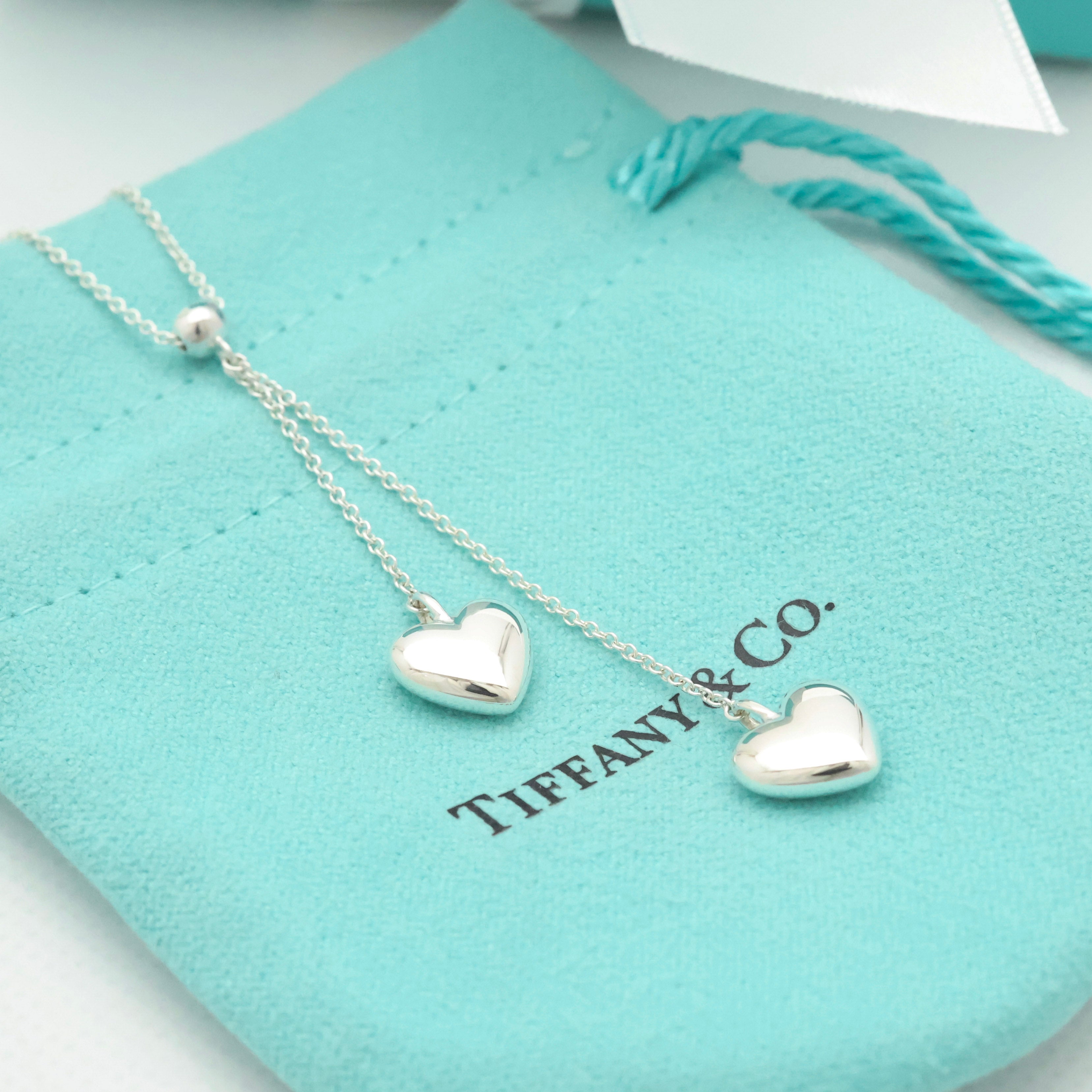Tiffany & Co. Puff Double Heart Dangle Pendant Necklace Sterling Silver 925