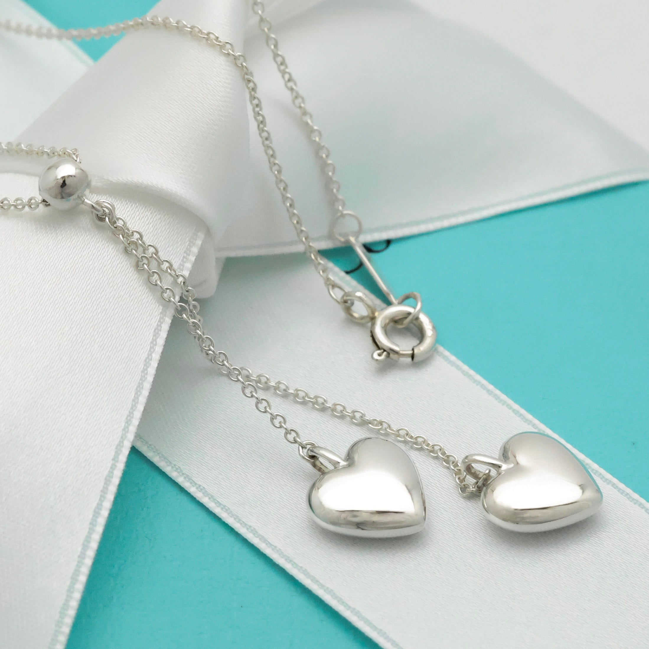 Tiffany & Co. Puff Double Heart Dangle Pendant Necklace Sterling Silver 925