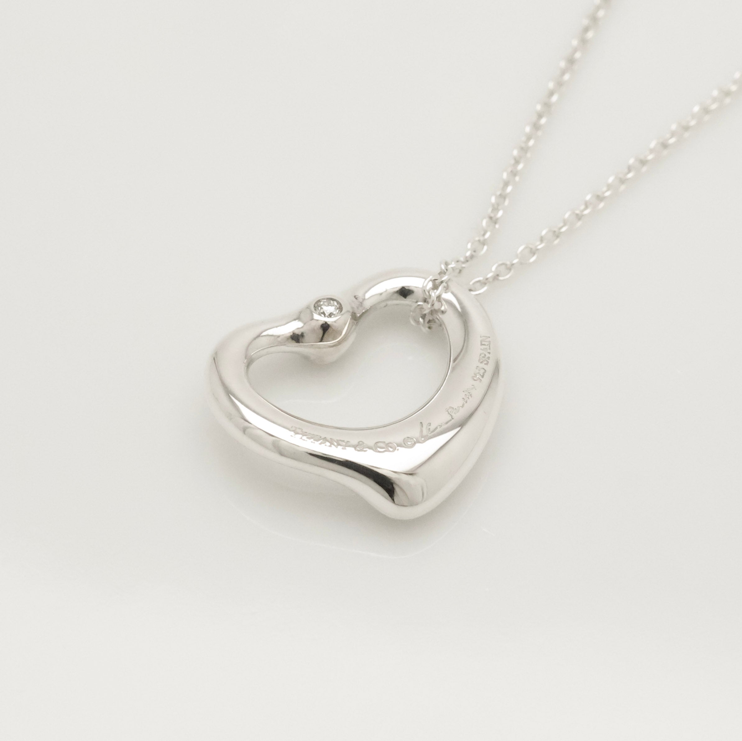 Tiffany & Co. 22mm Open Heart 1P Diamond Pendant Necklace Sterling Silver 925