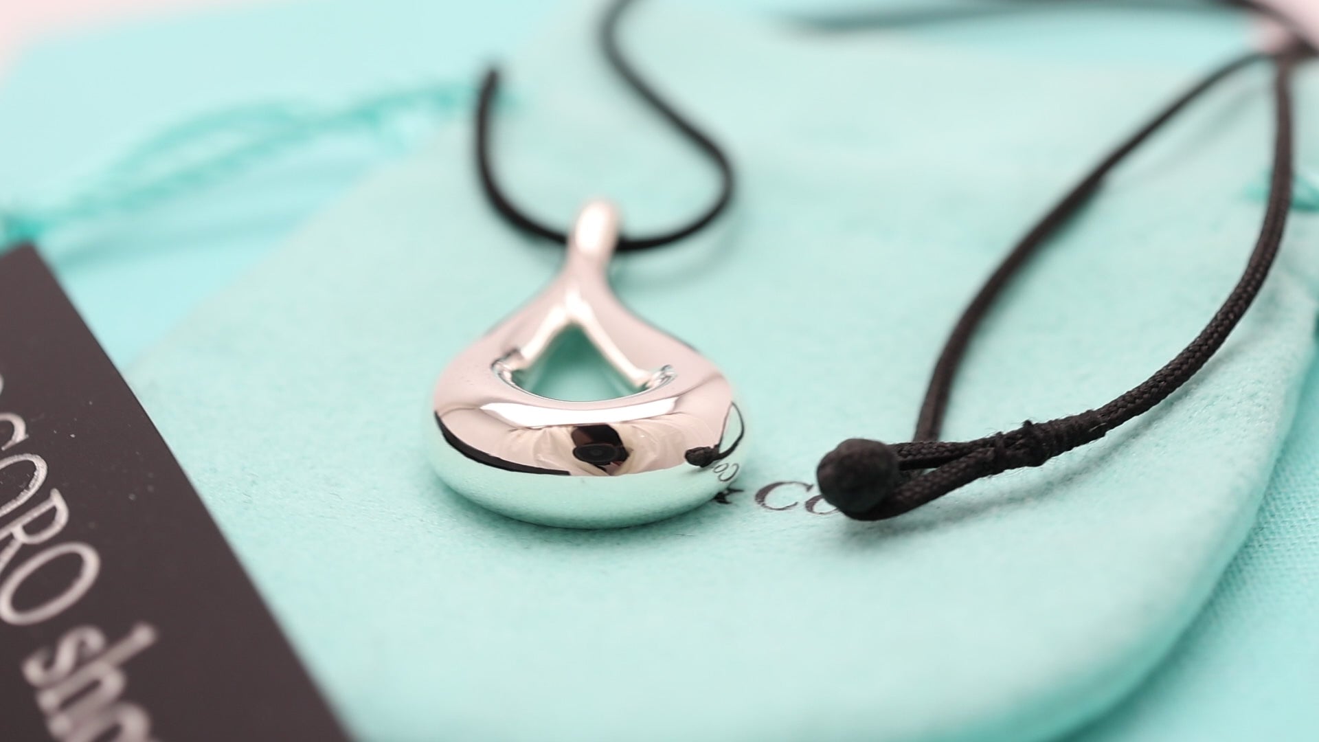 Tiffany & Co. Large Open Teardrop Silk Cord Necklace Sterling Silver 925