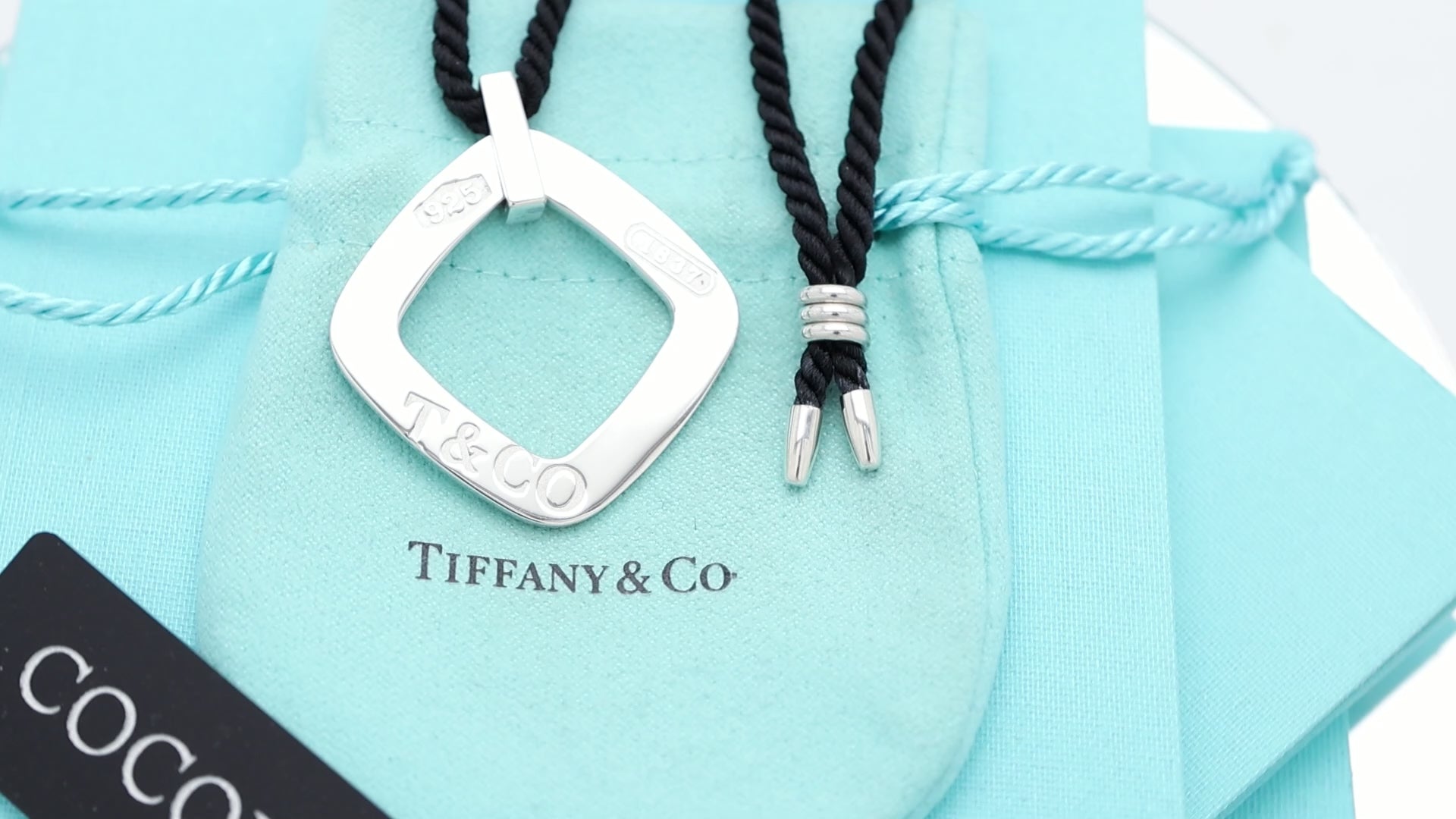 Tiffany & Co. 1837 Square Silk Cord Necklace Pendant Sterling Silver 925