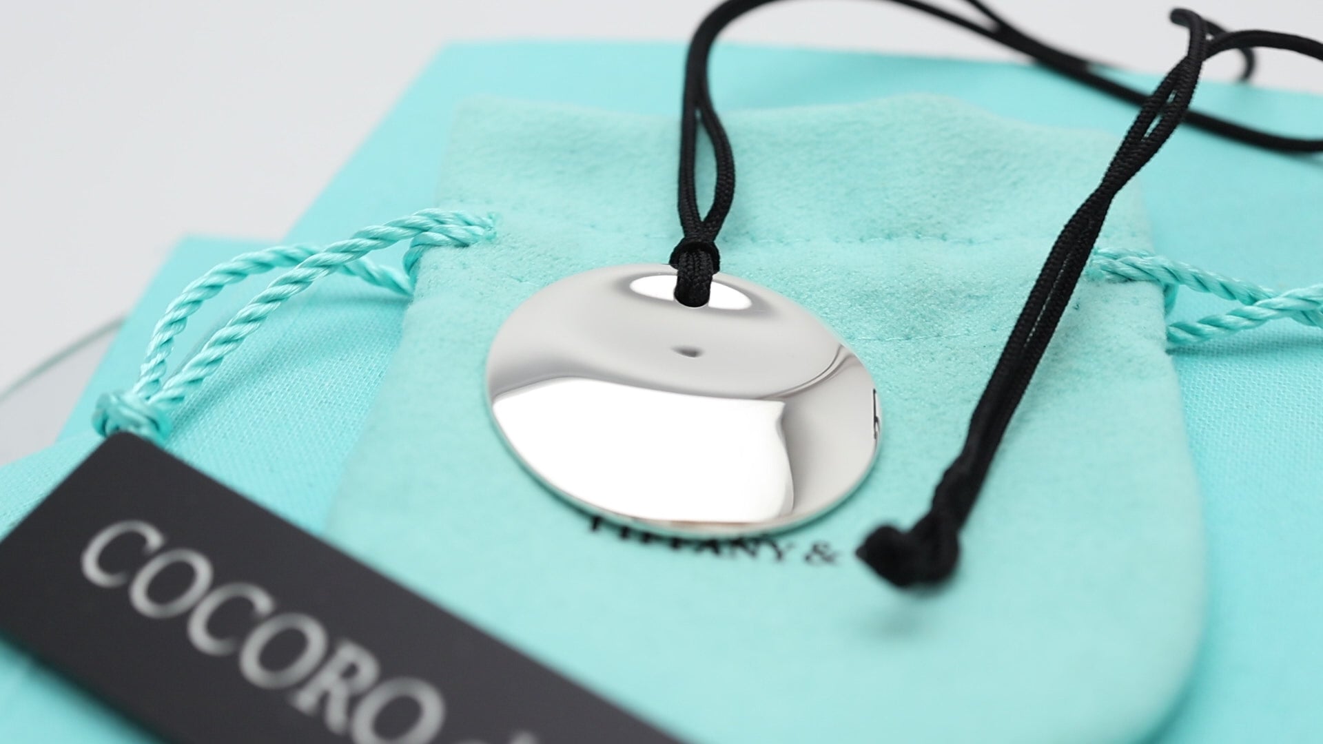 Tiffany & Co. LARGE Round Circle Disc Silk Cord Necklace Sterling Silver 925