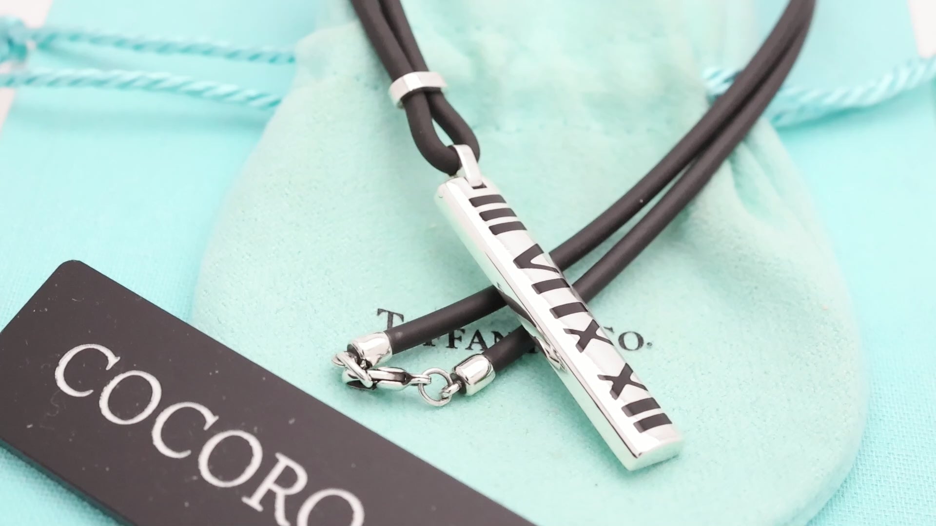 Tiffany & Co. Atlas Bar Rubber Cord Surfer Necklace Sterling Silver 925